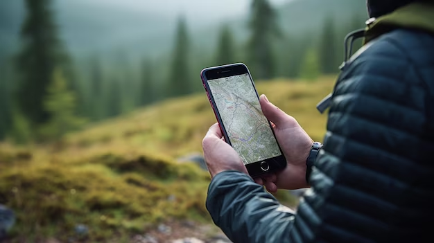 person looking at a trail map on their phone while hiking